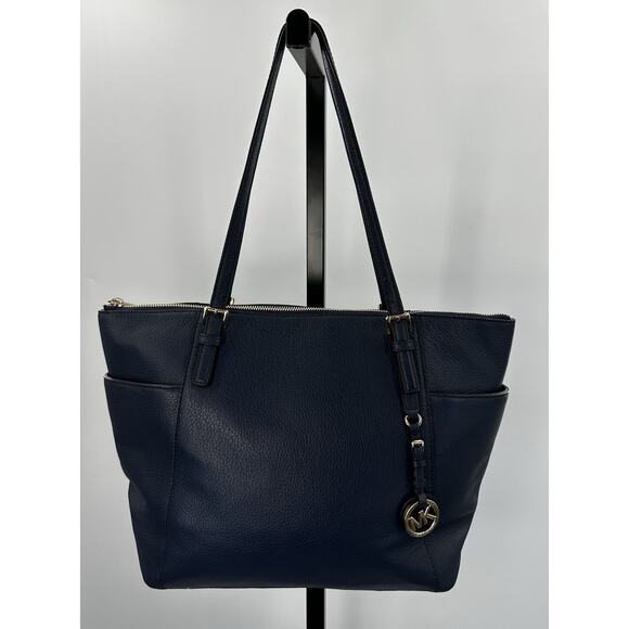 Michael Kors Jet Set Large Navy Pebbled Leather Tote Shoulder Bag Gold - Picture 1 of 7